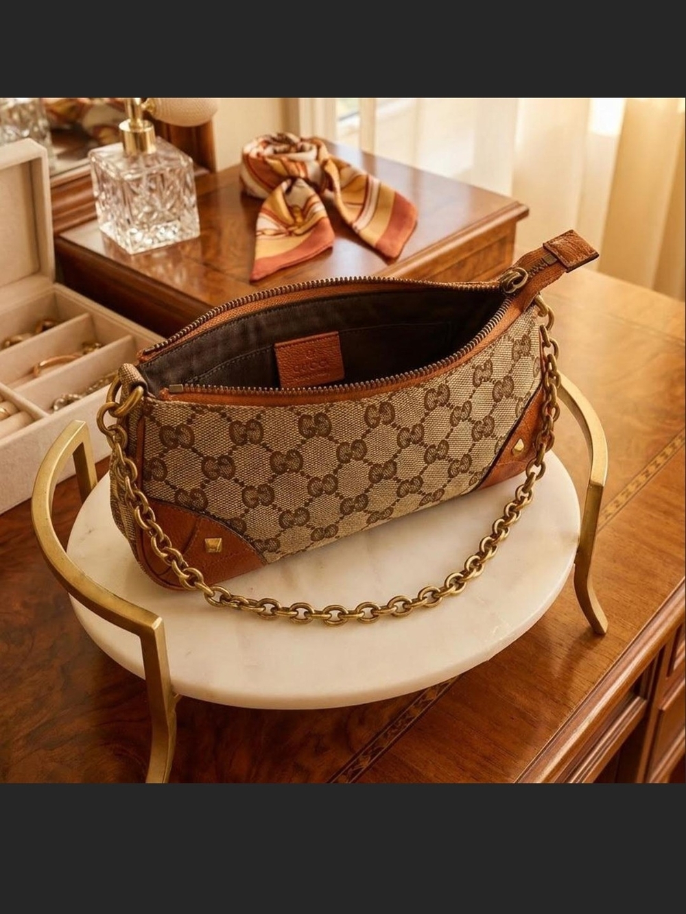 Gucci Beige GG Canvas Shoulder Bag with Brown Leather & Gold Chain